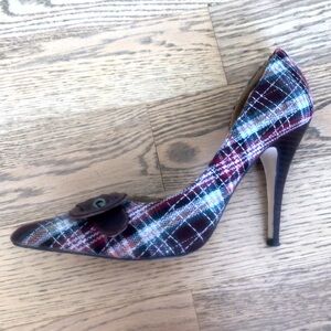 Plaid pump d’orsay pointed pointy toe stiletto dress buckle shoe vintage leather